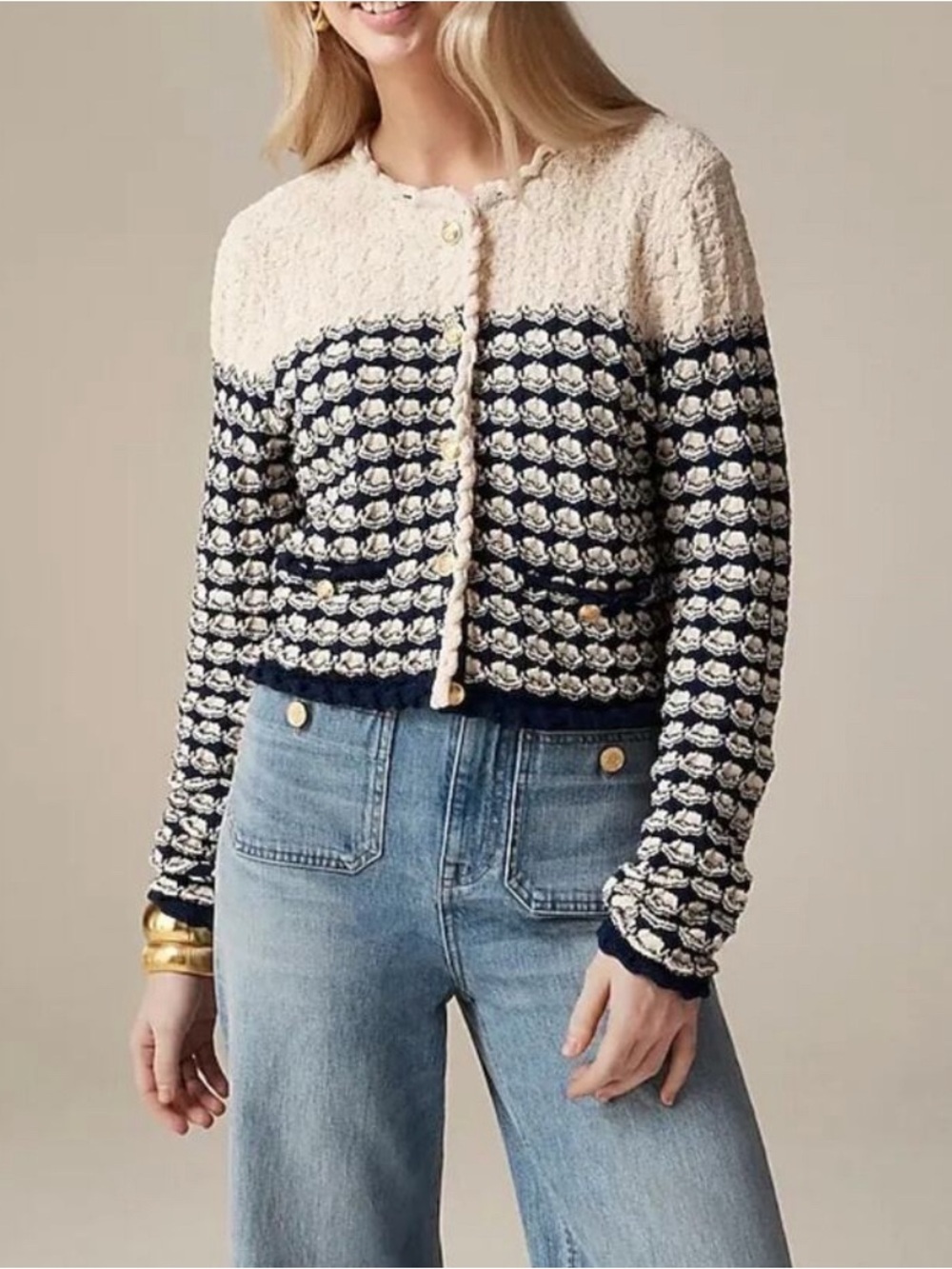 J. Crew Cream and Navy Textured Knit Crochet Lady Jacket Cardigan Large Nautical